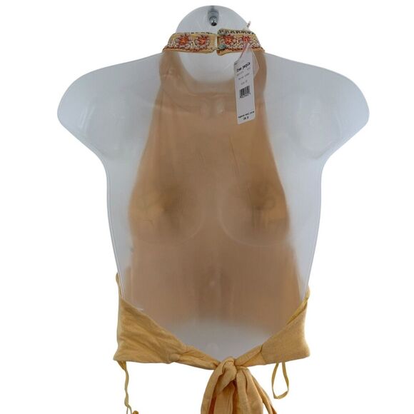 Free People Goa Embroidered Crop Top Yellow Size XS Tie Back Boho Halter Beaded - Picture 7 of 9